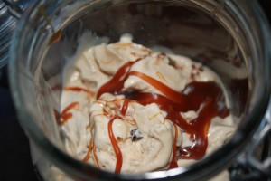 vanilla ice cream with caramel and chocolate chips