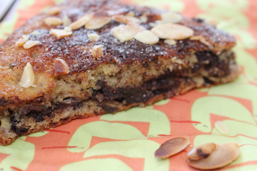 slice of banana-chocolate-almond GF cake